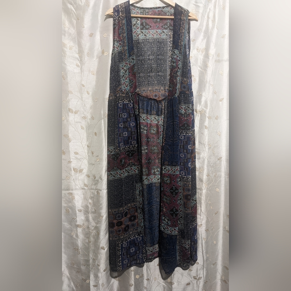 Boho Chic Multi Pattern Long Sleeveless Duster Sz… - image 1